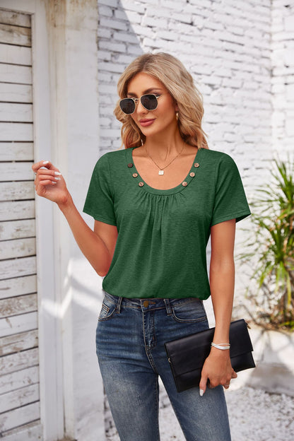 Women's Short-sleeved T-shirt Summer Button Square Collar Pleated Design Solid Color Loose T-shirt Womens Clothing apparel & accessories