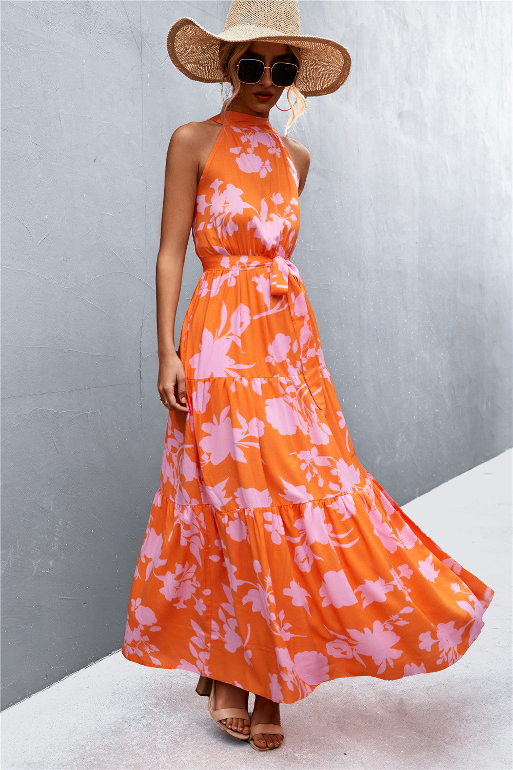 Printed Sleeveless Tie Waist Maxi Dress apparel & accessories