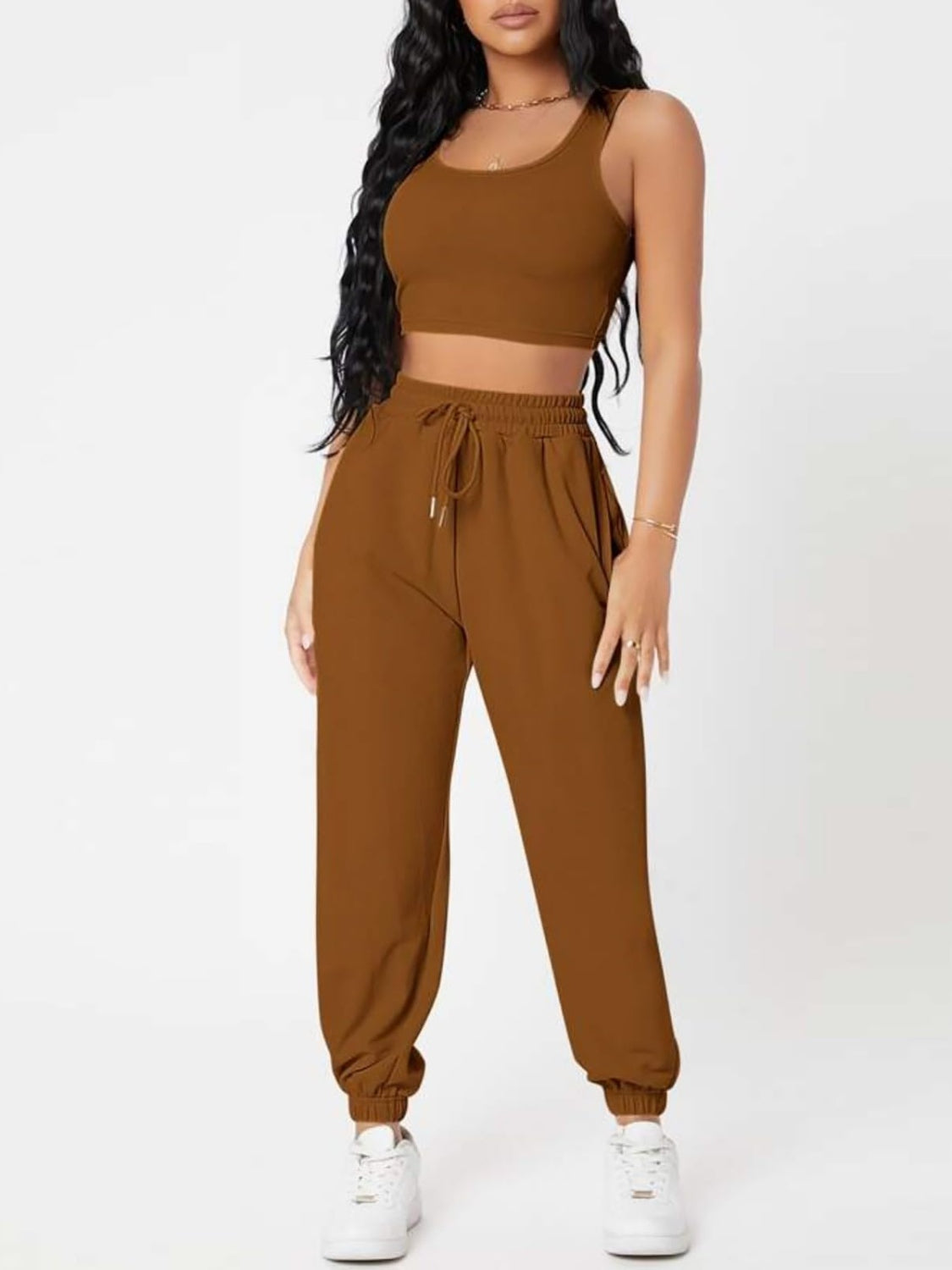 Wide Strap Top and Drawstring Joggers Set Bottom wear