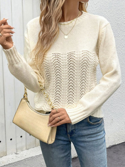 Openwork Round Neck Long Sleeve Sweater Dresses & Tops