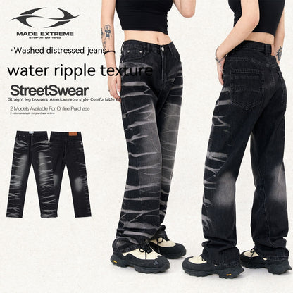 Avant-garde Street Washed Corrugated Straight Jeans Men And Women apparel & accessories