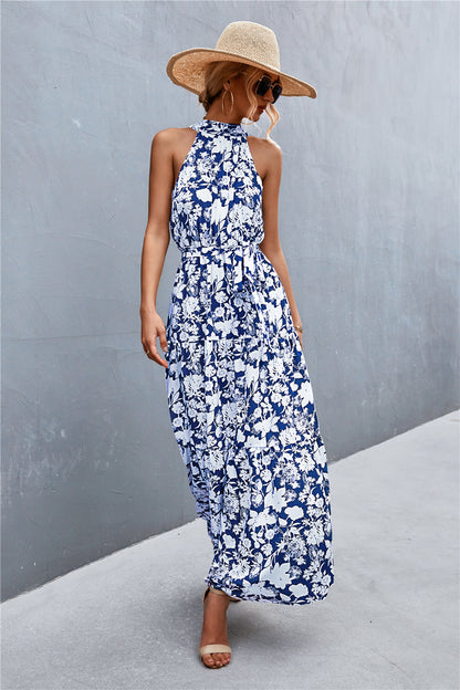 Printed Sleeveless Tie Waist Maxi Dress apparel & accessories