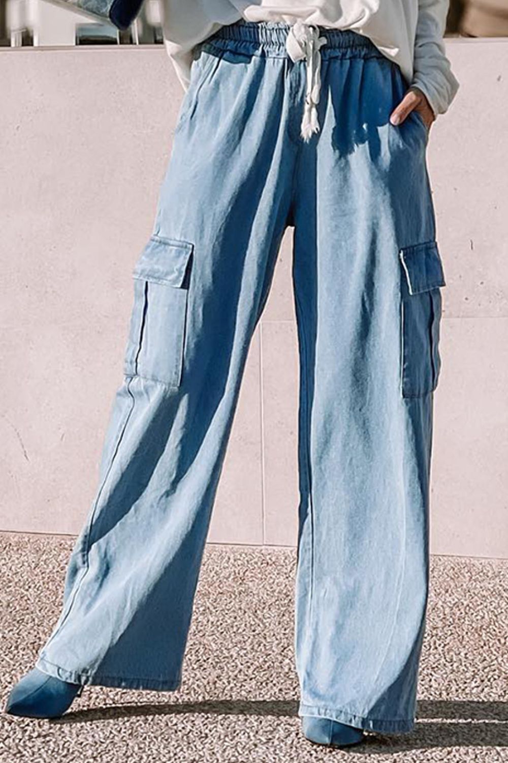 Drawstring Wide Leg Jeans with Pockets Bottom wear