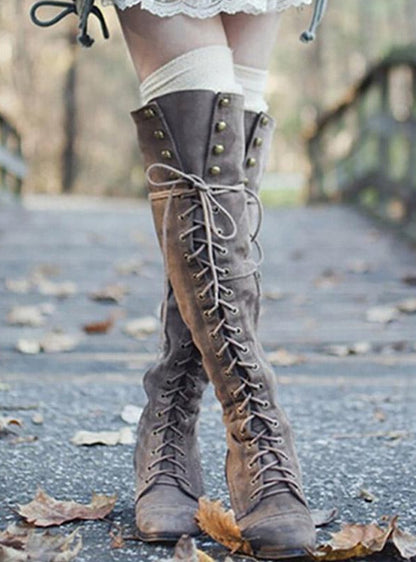 Solid Color Thick Low Heel High-top Boots Shoes & Bags