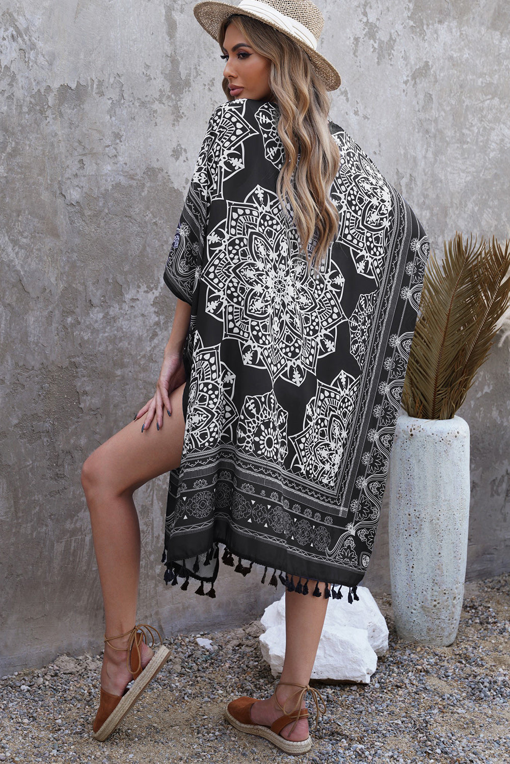 Printed Tassel Trim Open Front Cardigan apparel & accessories