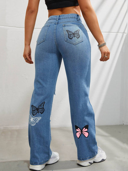 High Waisted Straight Leg Butterfly Print Ripped Distressed Denim Pants apparels & accessories