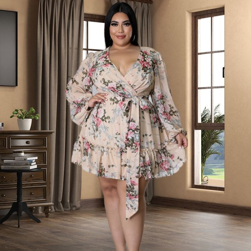 Plus Size Women Flower Print ChiffonV Neck Out Long Sleeve Dress Dresses & Tops