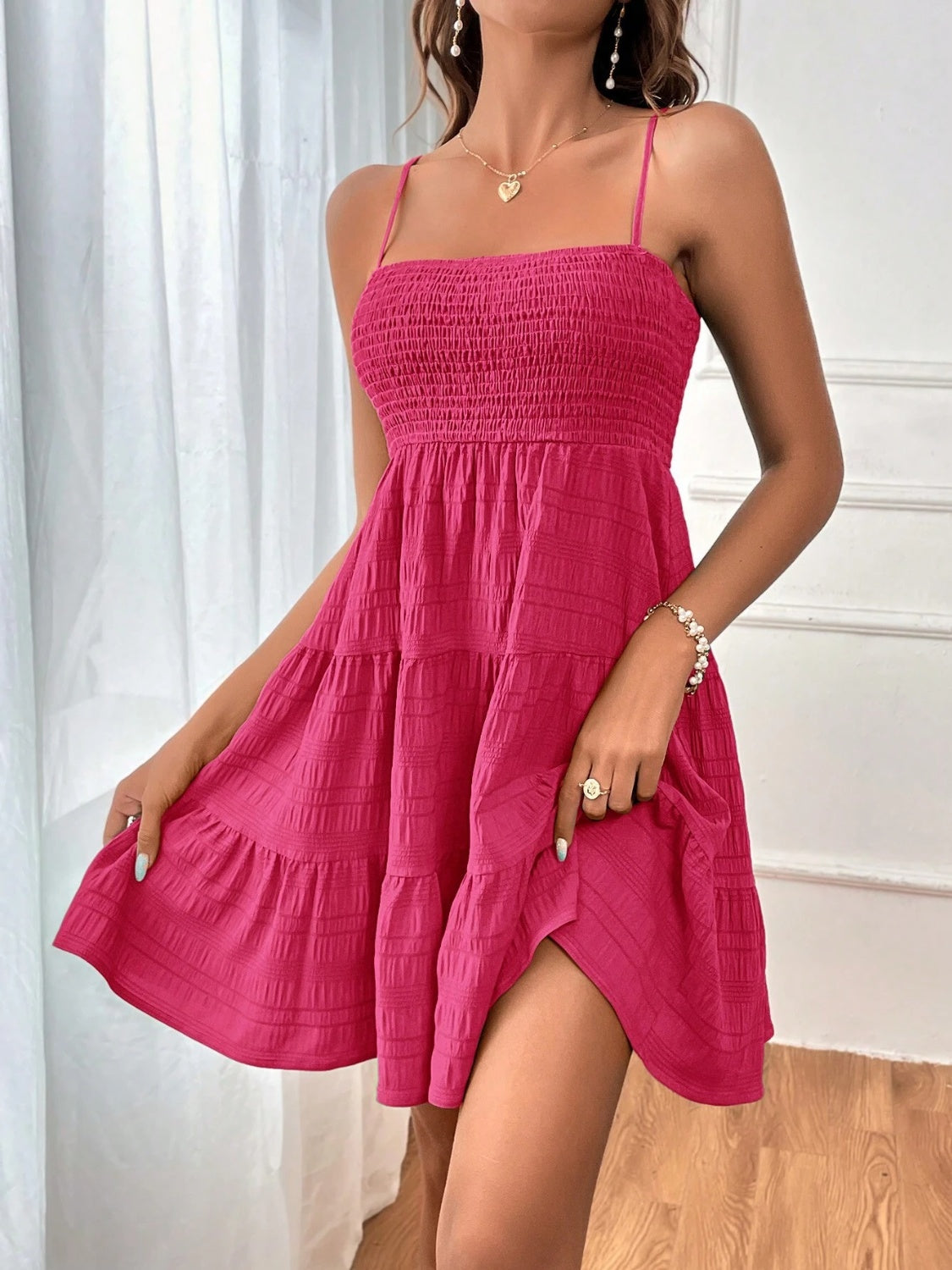 Smocked Tiered Sleeveless Mini Dress apparel & accessories