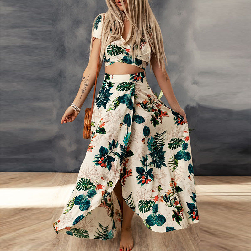Summer Beach Style Plant Printed V-neck Short Sleeve Top High Waist Skirt apparels & accessories