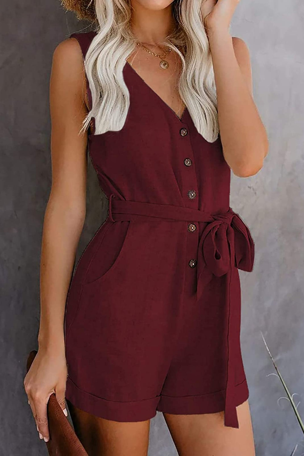 Full Size Tied V-Neck Sleeveless Romper with Pockets Dresses & Tops