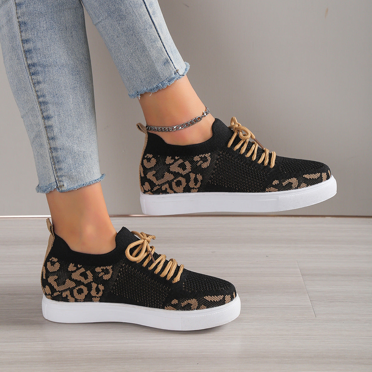 Lace-Up Leopard Flat Sneakers Shoes & Bags