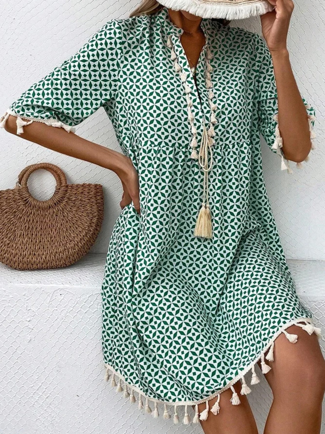 Tassel Printed Notched Half Sleeve Mini Dress Dresses & Tops