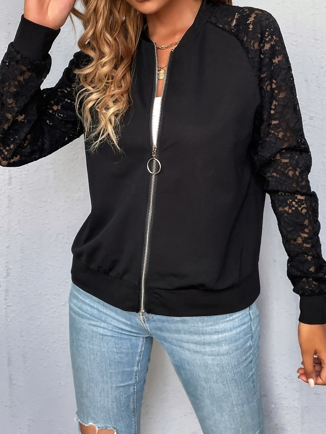 Lace Zip Up Long Sleeve Jacket apparel & accessories