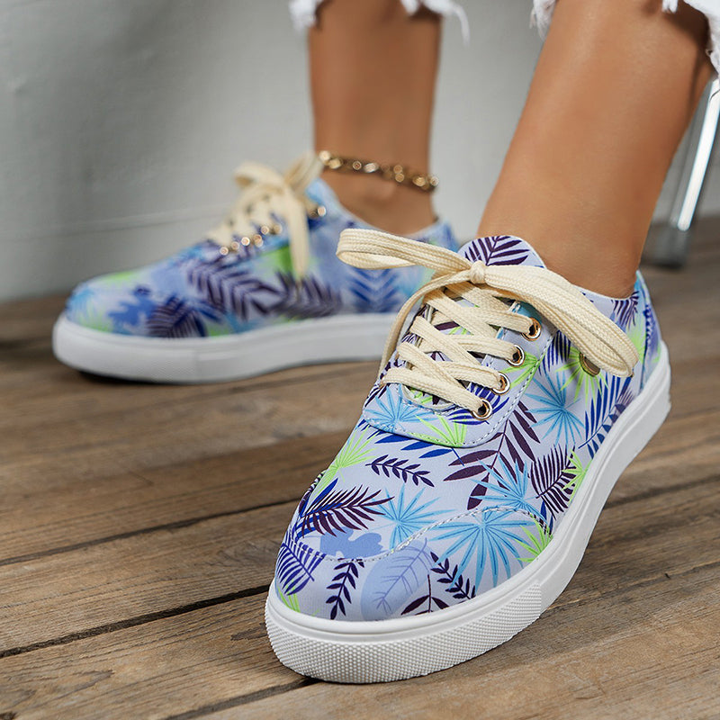 Canvas Shoes For Women Lace-Up Flats Leaves Print Shoes & Bags