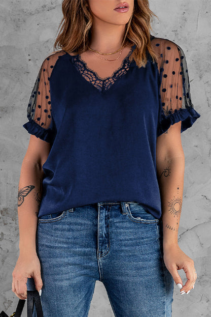 Lace Short Sleeve Top Ladies Slim Fit V-Neck Pullover T-Shirt apparels & accessories