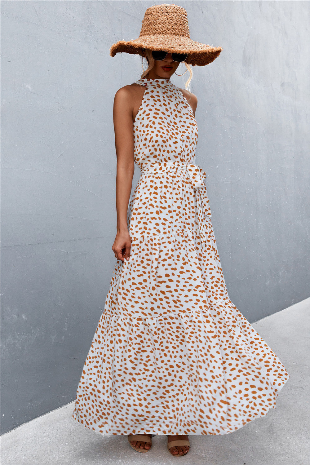 Printed Sleeveless Tie Waist Maxi Dress apparel & accessories