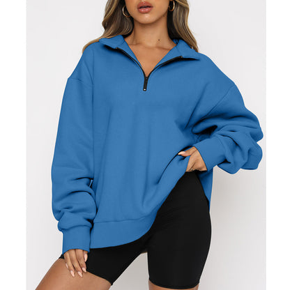 Women Sweatshirts Zip Turndown Collar Loose Casual Tops apparels & accessories