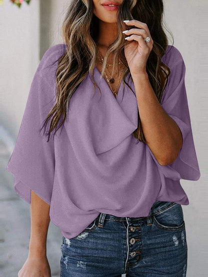 Full Size Cowl Neck Three-Quarter Sleeve Blouse apparel & accessories