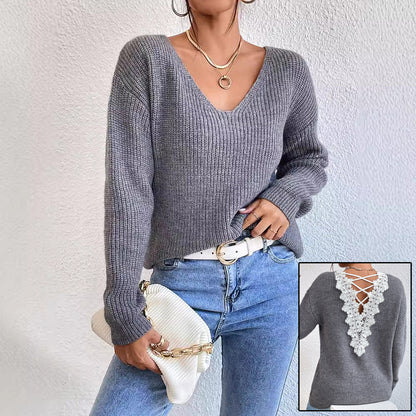 Lace Backless V-neck Pullover Long Sleeve Sweater apparels & accessories