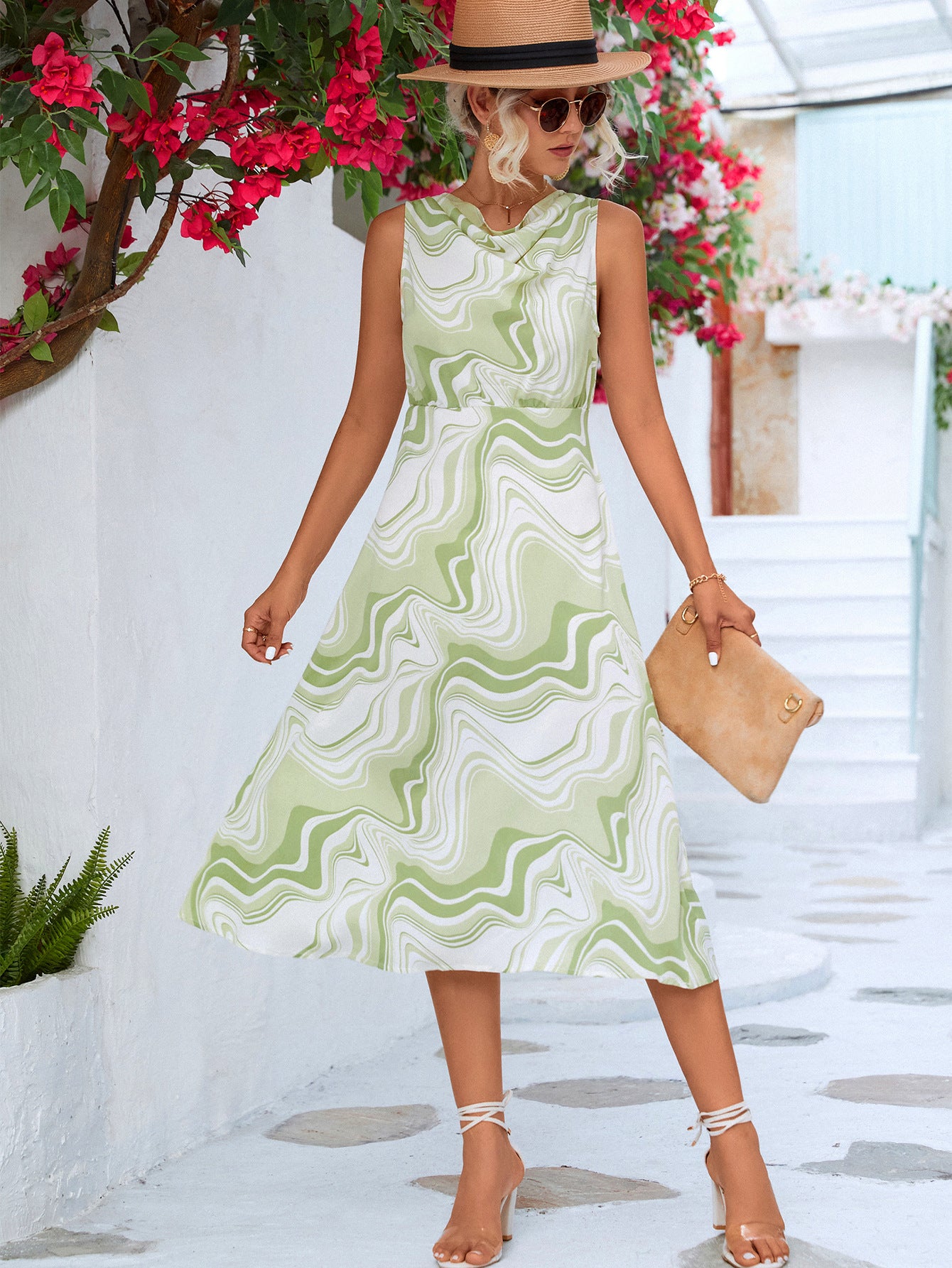 Printed Cowl Neck Sleeveless Dress apparel & accessories