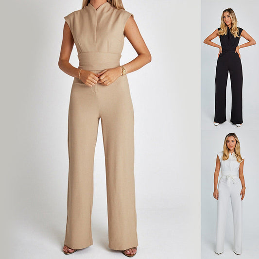 Fashion Elegant Long Sleeveless Jumpsuit Summer V-neck Casual Wide Leg Long Overalls Clothing For Women apparel & accessories