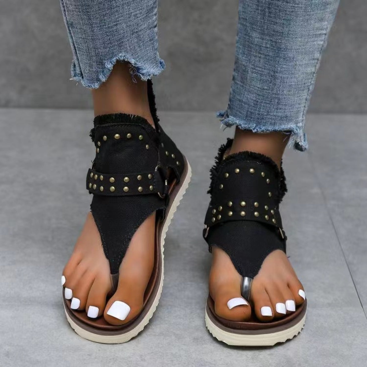 Studded Raw Hem Flat Sandals apparel & accessories