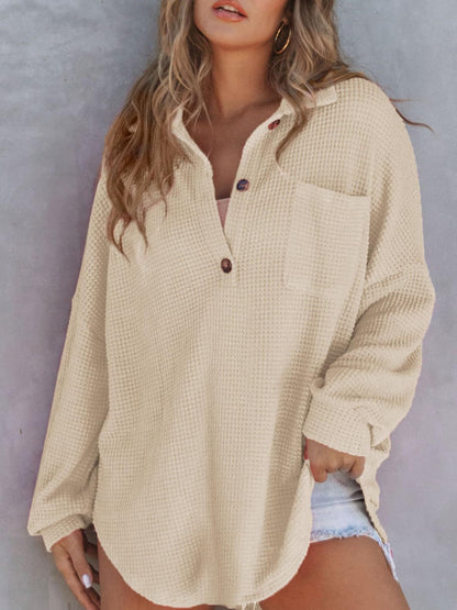 Waffle-Knit Dropped Shoulder Long Sleeve Sweatshirt Dresses & Tops