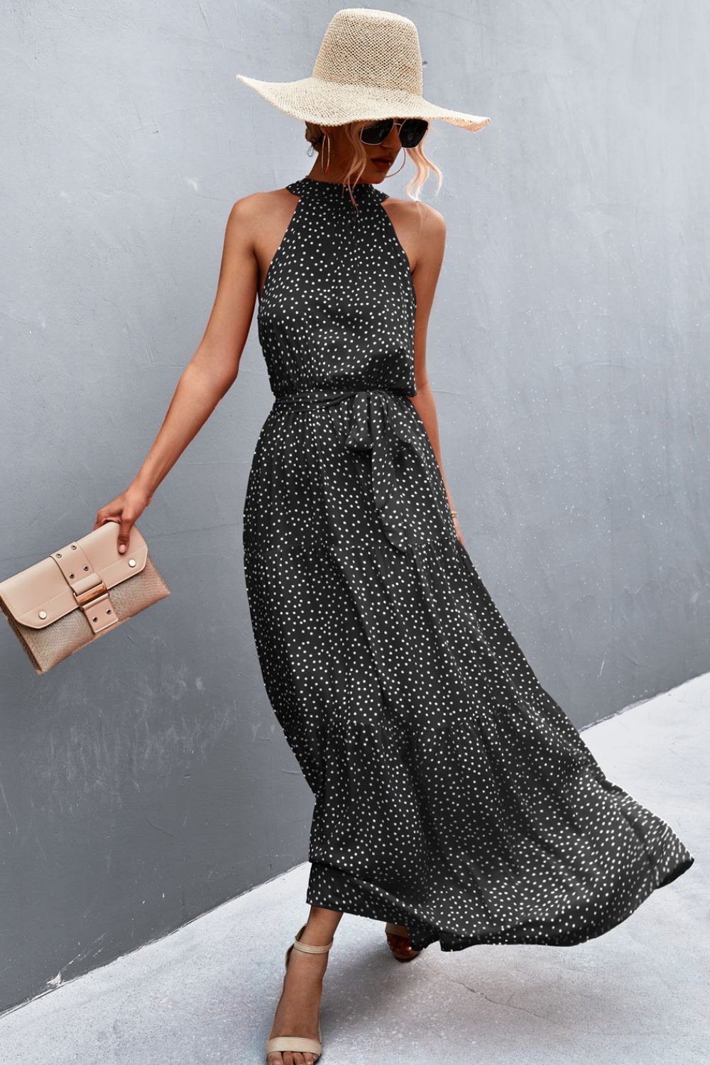 Printed Sleeveless Tie Waist Maxi Dress apparel & accessories