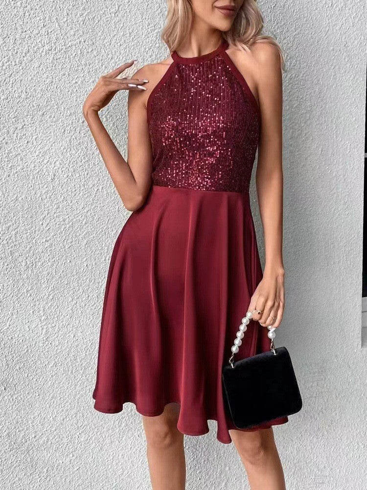 Summer New Sequin Stitching Sleeveless Slim Solid Color Dress Women apparel & accessories