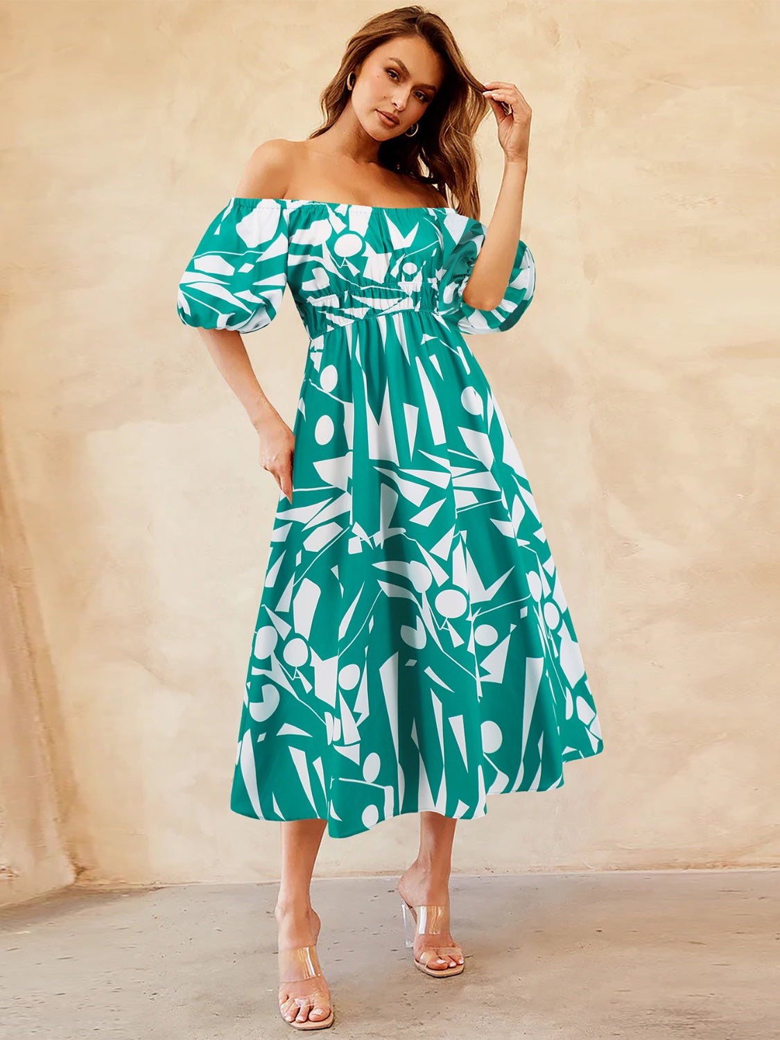 Printed Off-Shoulder Balloon Sleeve Dress apparel & accessories