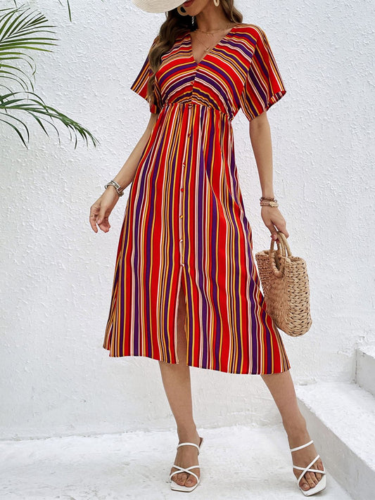 Slit Striped V-Neck Short Sleeve Midi Dress Dresses & Tops