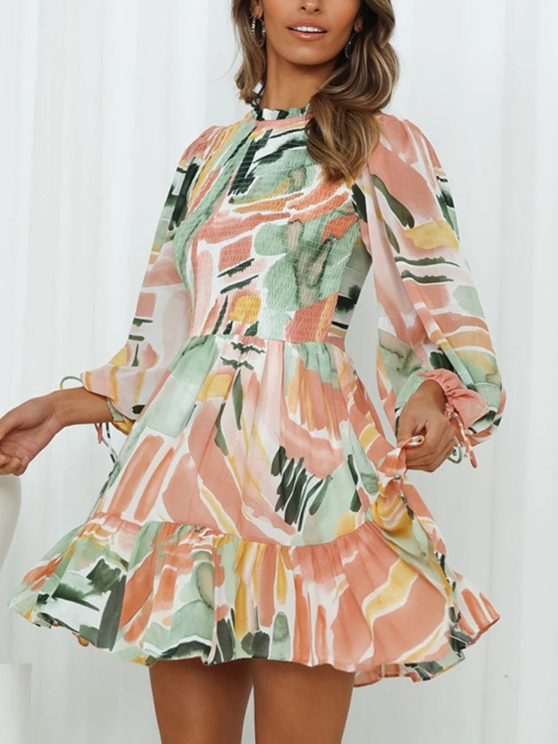 Printed Mock Neck Balloon Sleeve Mini Dress apparel & accessories