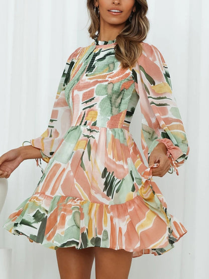 Printed Mock Neck Balloon Sleeve Mini Dress apparel & accessories