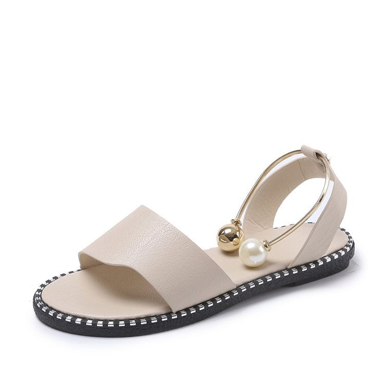 Women Summer Open Toed Simple Flat Roman Style Sandals Pearl Buckle Girl Student Shoes Shoes & Bags
