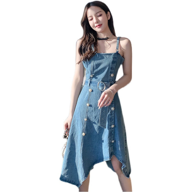 Denim Sling Dress French Vintage Irregular Pearl Buckle apparel & accessories