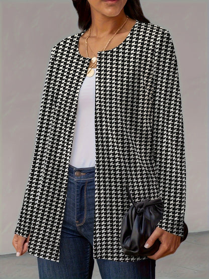 Houndstooth Open Front Long Sleeve Jacket Dresses & Tops