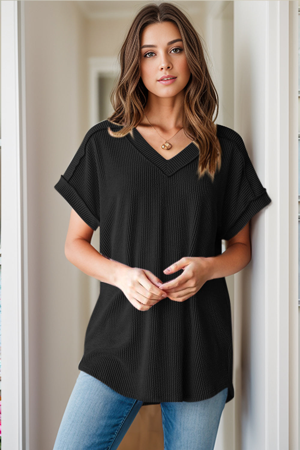 Textured V-Neck Short Sleeve Top Dresses & Tops