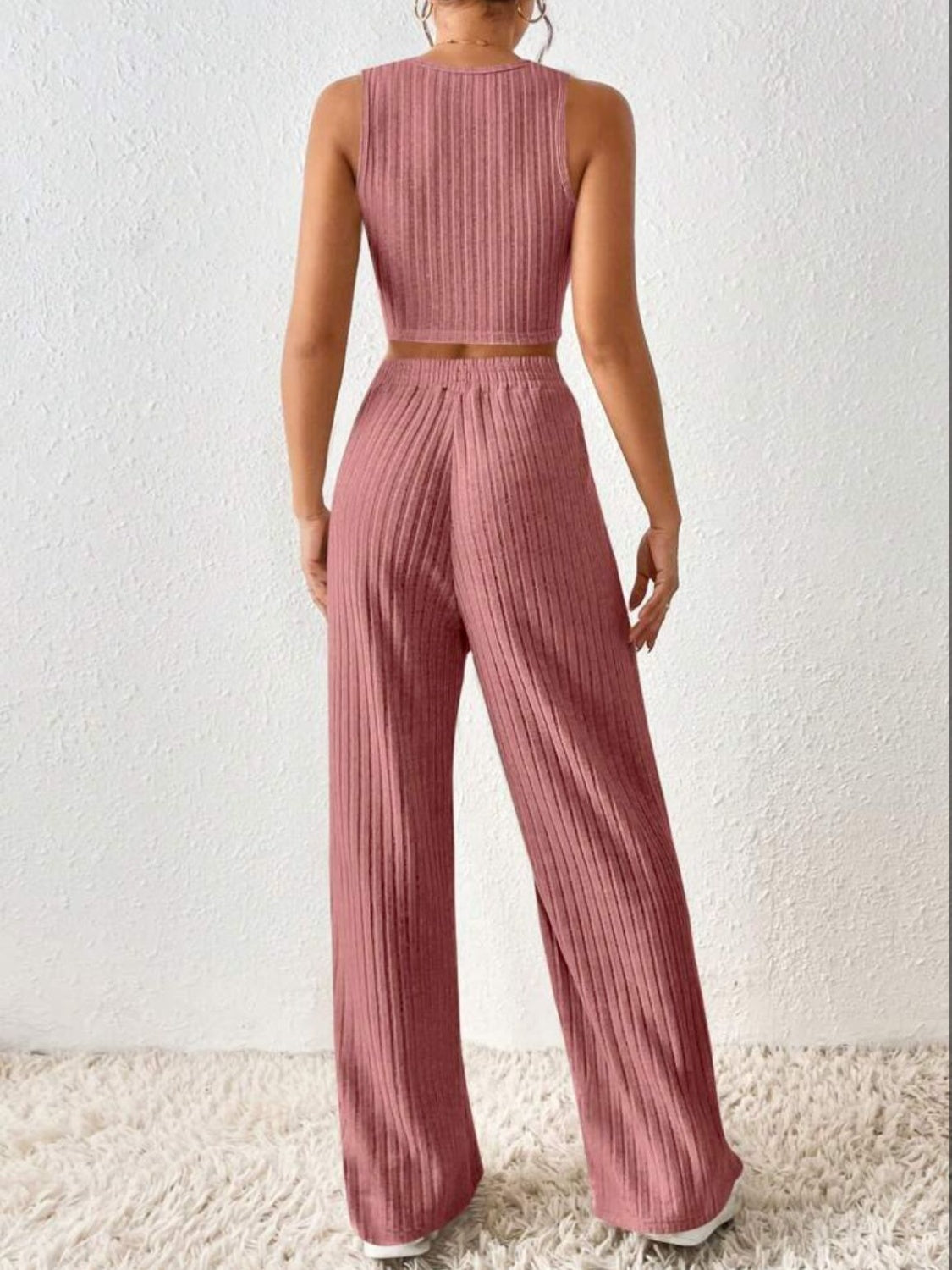 Ribbed Round Neck Tank and Pants Sweater Set apparel & accessories