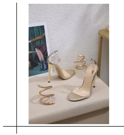 Rhinestone High-heeled Sandals Snakelike Winding Round Toe Transparent Shoes & Bags