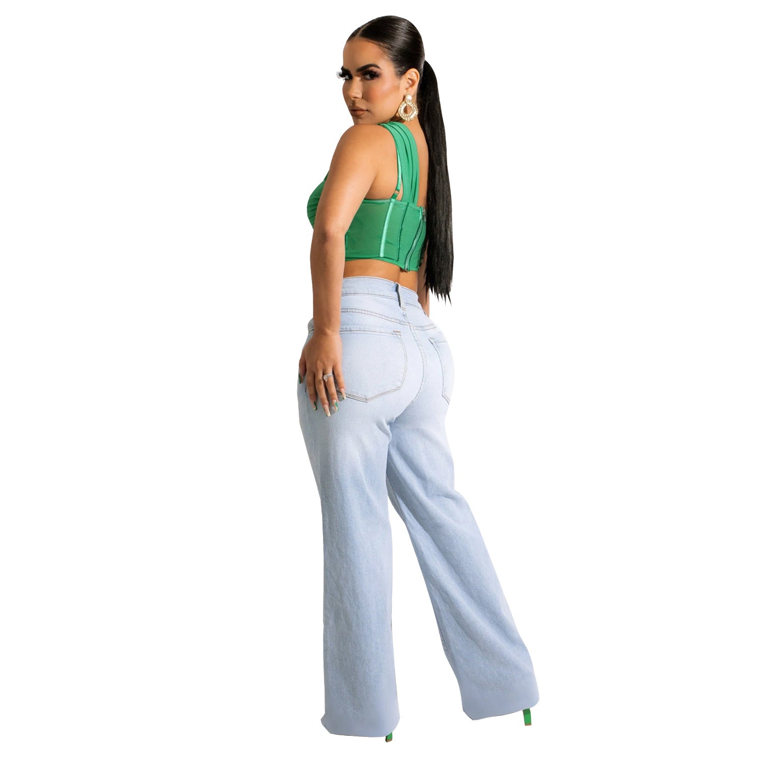 Women's Mesh See-Through Cropped Slanted Shoulder Top apparels & accessories