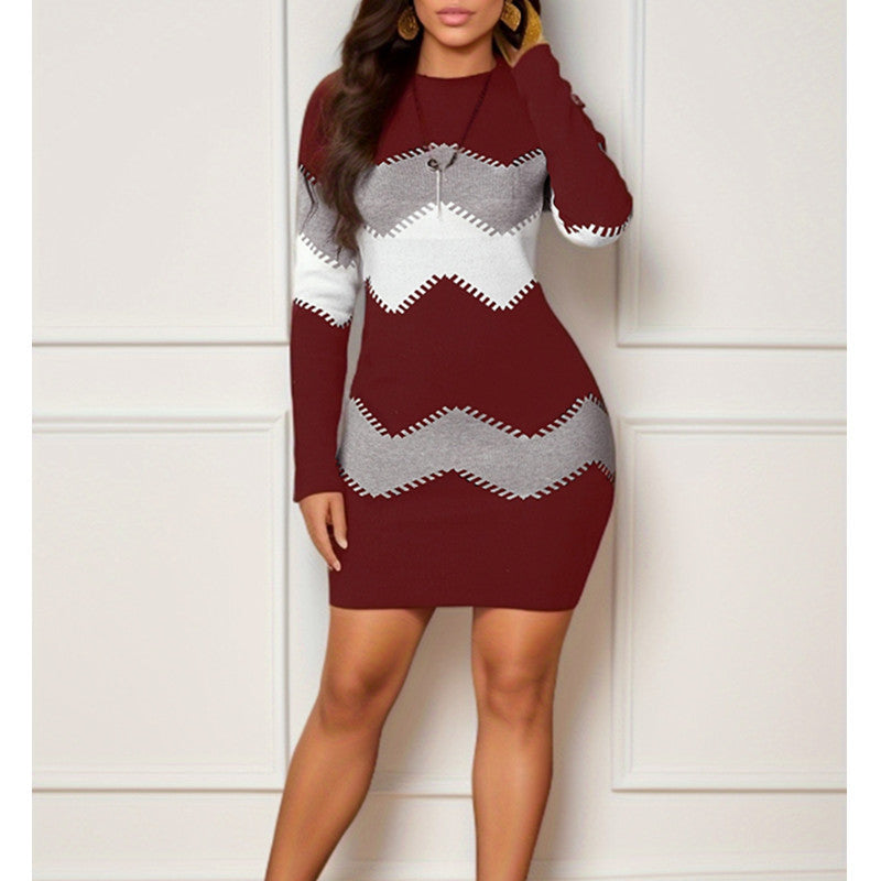Mid-length Short Skirt Round Neck Long Sleeve Printed Knitted Sheath Dress apparel & accessories