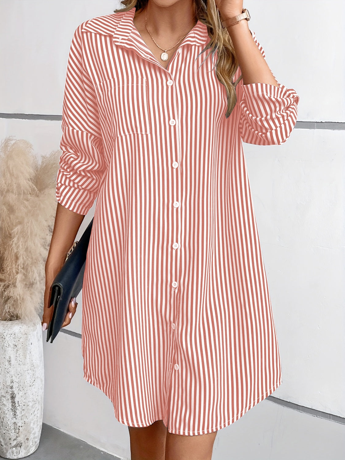 Striped Button Up Long Sleeve Mini Shirt Dress apparel & accessories