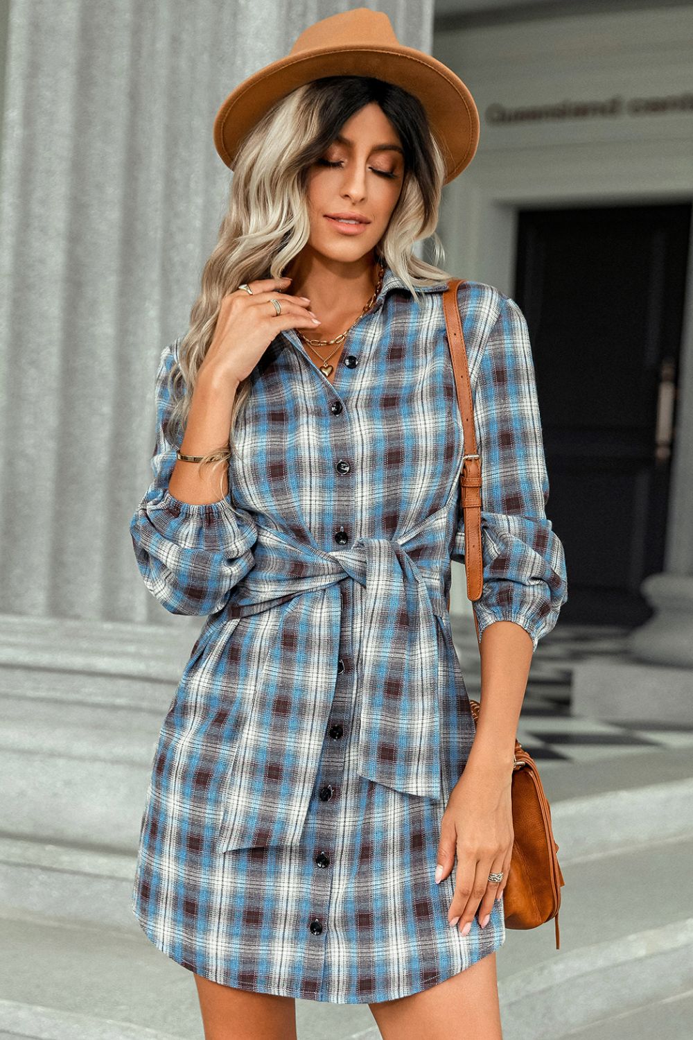 Plaid Tie Front Mini Shirt Dress apparel & accessories