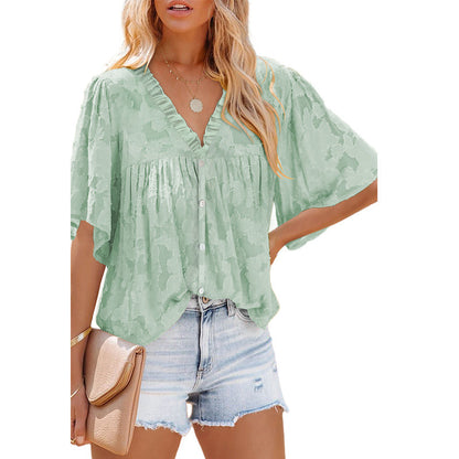 V-neck Cardigan Five-point Mid-sleeve Chiffon Shirt Print Top apparels & accessories