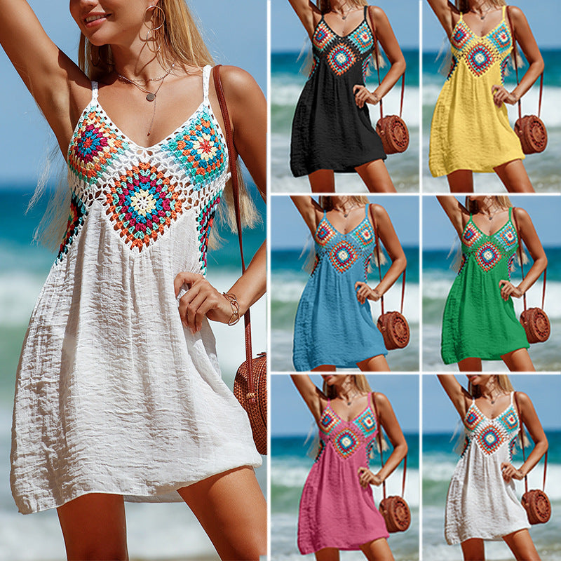 Summer Sleeveless Dress Bohemia Stitching Colorful Pattern V-neck Hollow Beach Dress apparel & accessories