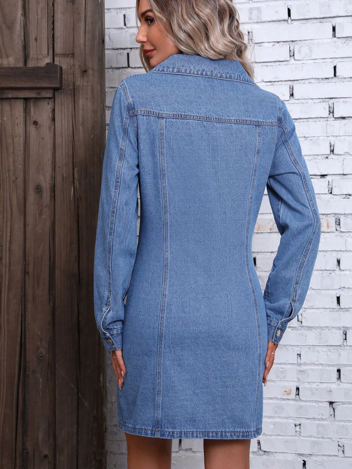 Ruched Button Up Long Sleeve Denim Dress Dresses & Tops