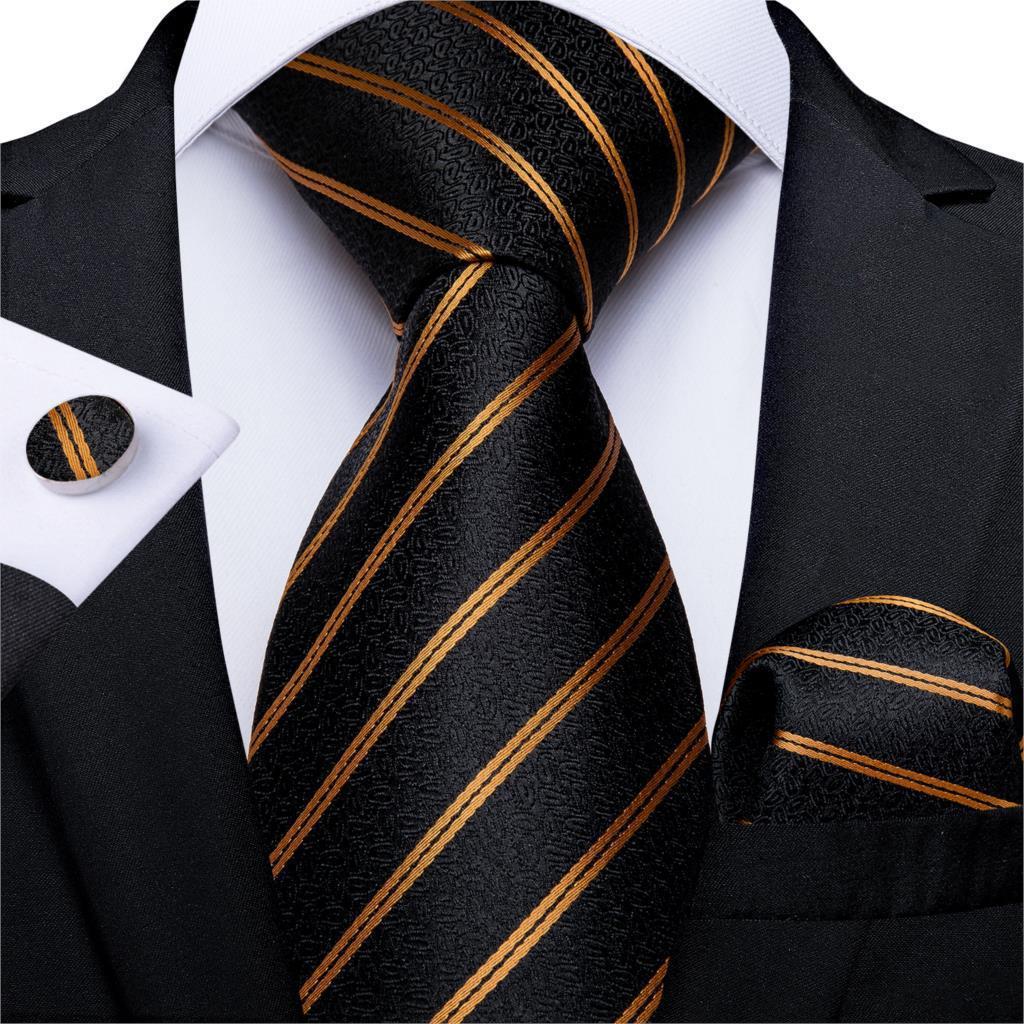 Men's Tie Luxury Black And Gold Striped Silk Woven apparels & accessories