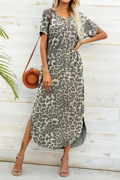 Printed V-Neck Curved Hem Dress apparel & accessories