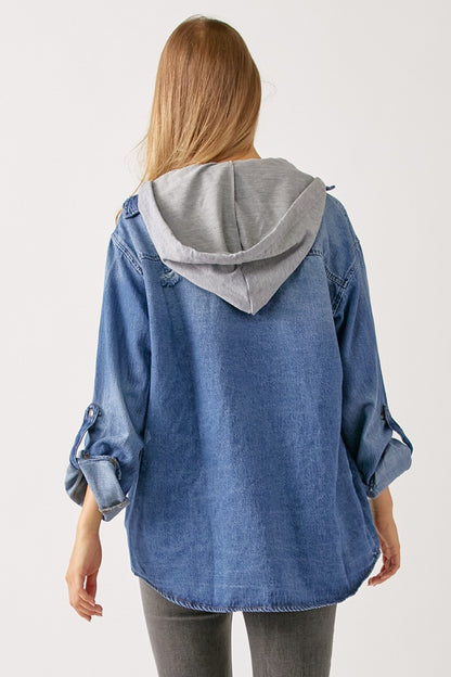 RISEN Zip Up Hooded Denim Shirt Dresses & Tops