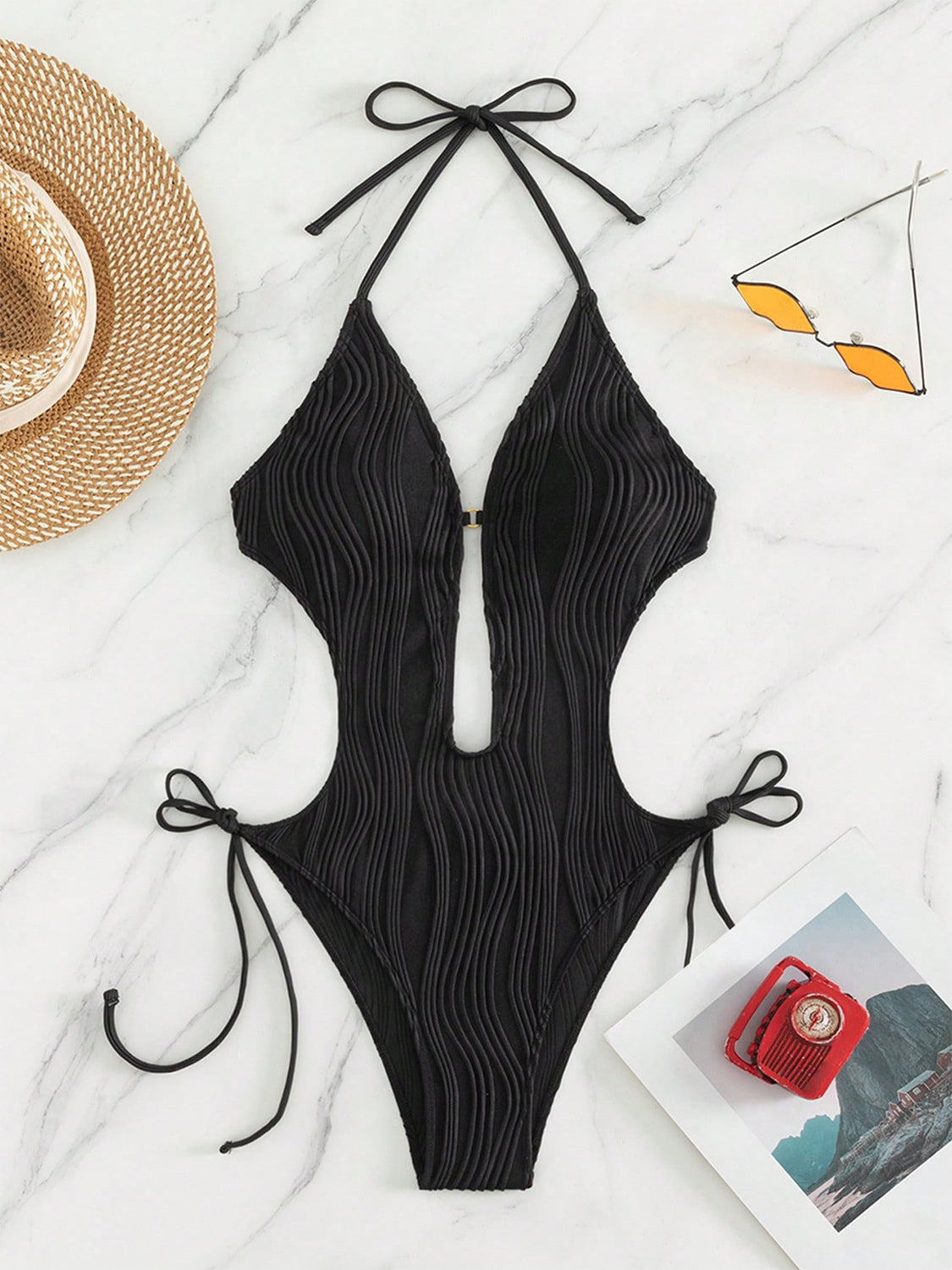 Textured Cutout Tied One-Piece Swimwear apparel & accessories